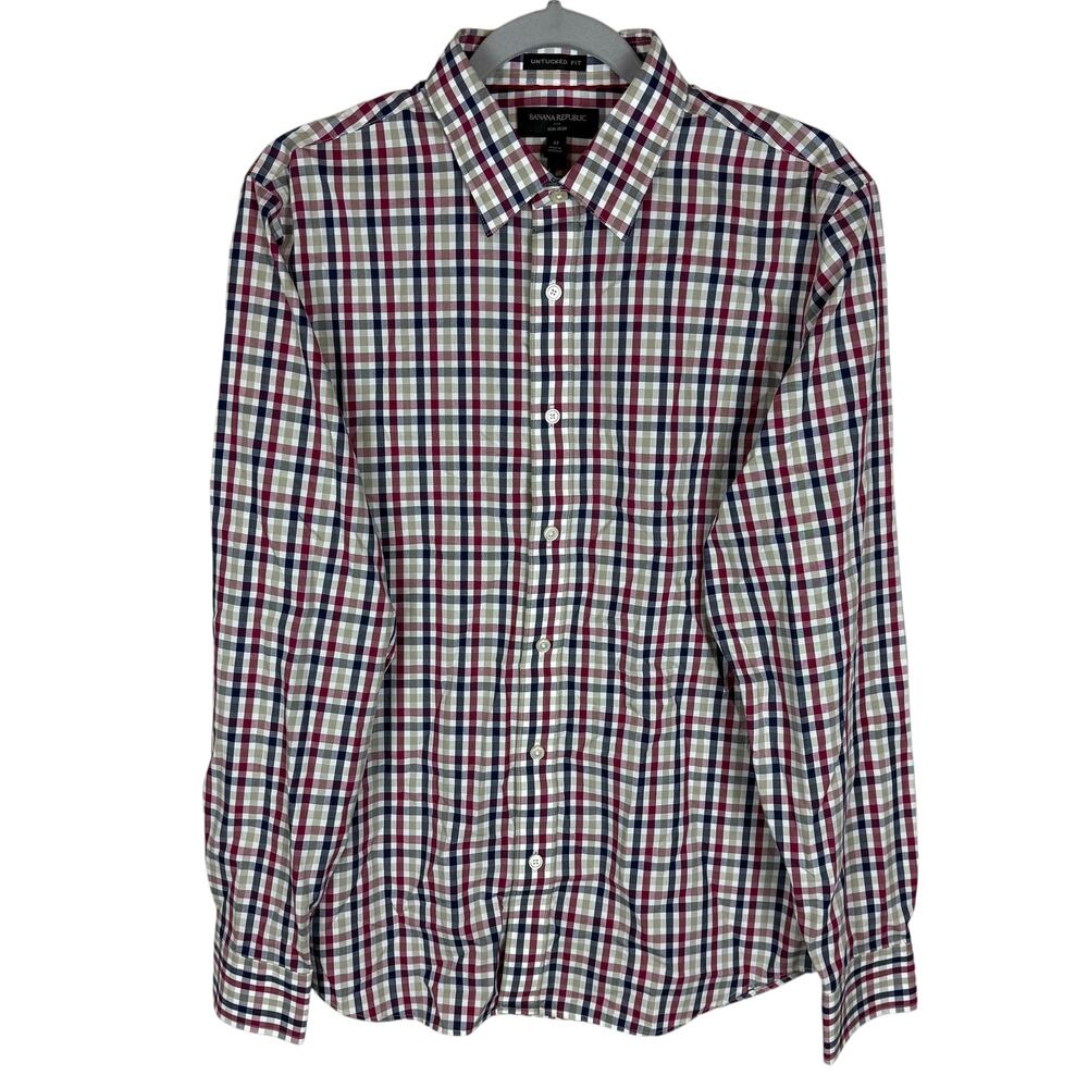 Banana Republic Plaid Shirt Men's M Red Blue Untucked Fit‎ Non-Iron Button-Up